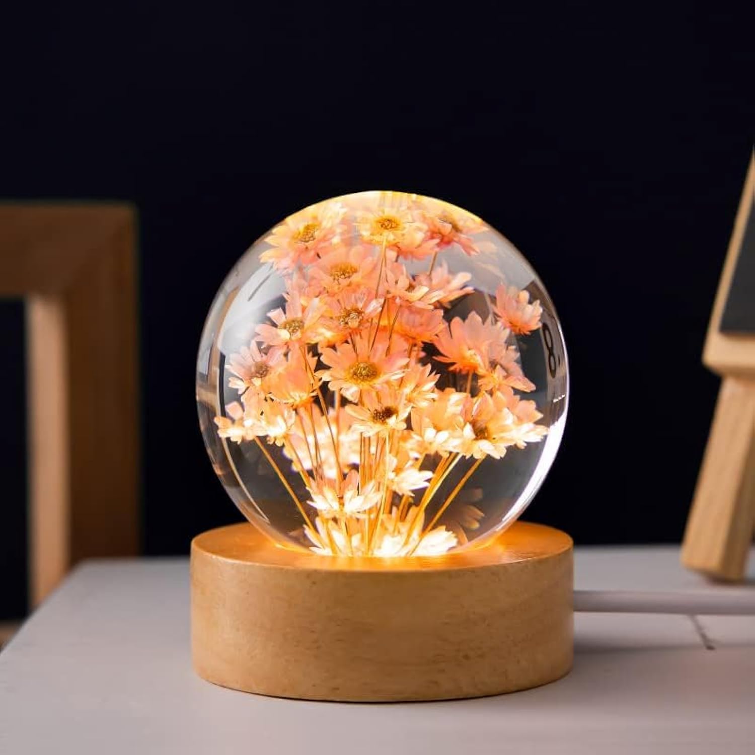 MARZIUS Flower Crystal Ball Night Light,6cm Glass Ball Night Lamp with Wooden Base (Red Daisy)
