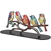 Pomya Stained Birds On Branch Desktop Ornaments, Double Sided Metal Flatness Table Art, Craft Acrylic Colorful Vivid Flat Animal Statue Decoration, Colorful Vivid Decoration (5 Birds)