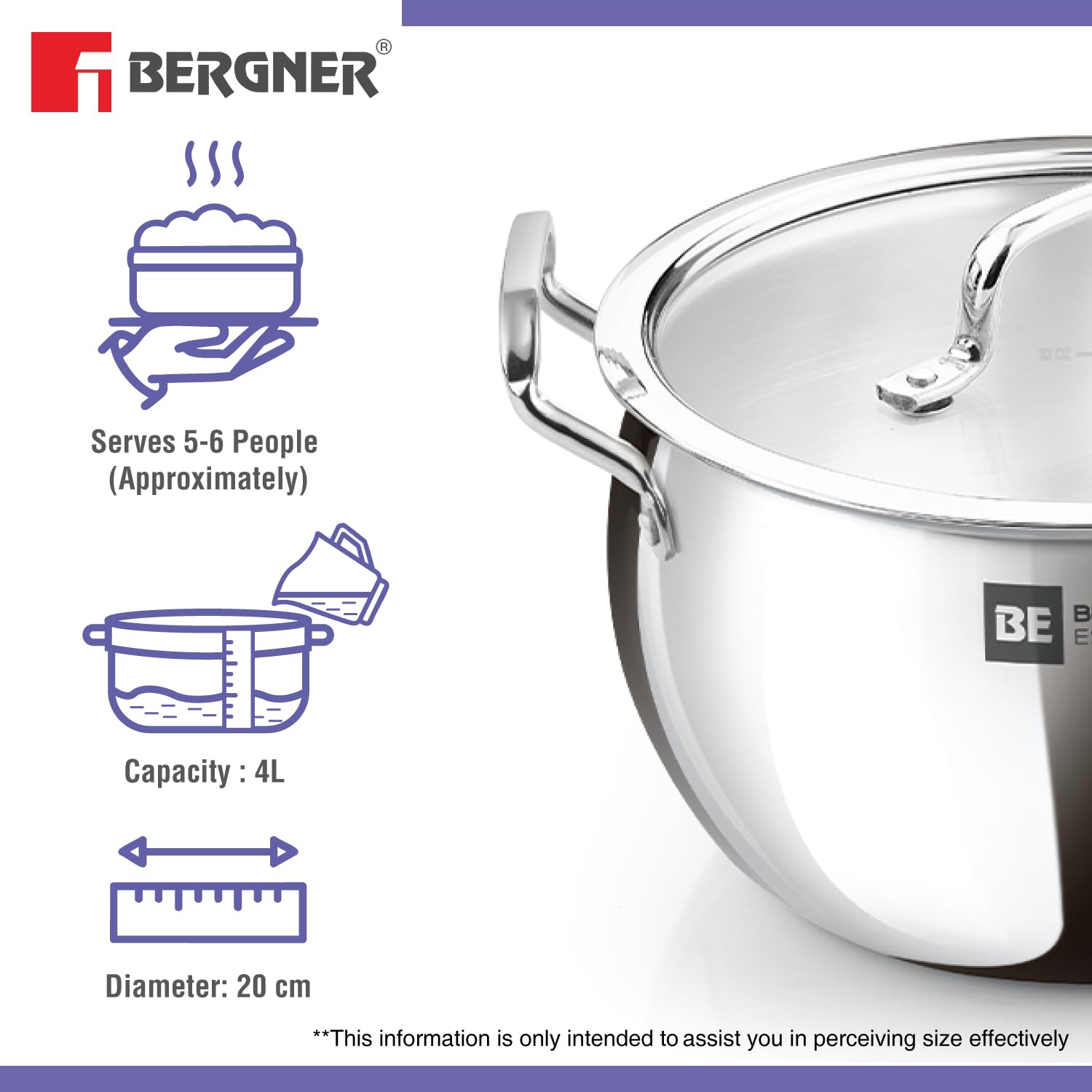 Bergner BE Essentials TriPly Stainless Steel 20cm Rice Handi with Lid, Large Rice Handi, Even Heat Distribution, Easy to Clean, Non-Toxic, Healthy, Less Oil Use - Induction and Gas Stove Ready 3