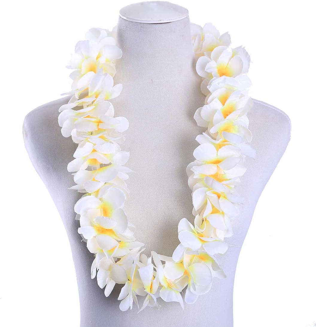 LAYSERI Pack of 4 Mahalo Floral Leis Ruffled Hawaiian Simulated Silk Flower Hula Luau Party Leis Necklace Holiday Wedding Birthday Decorations Island Beach Costumes Hula-Hula Dance Decor(White)