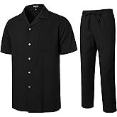 JEMITOP Men's 2 Piece Outfits Summer Relaxed Fit Walking Suit Casual Cuban Guayabera Shirt and Pants Set Beach Vacation