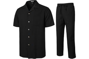 JEMITOP Men's 2 Piece Outfits Summer Relaxed Fit Walking Suit Casual Cuban Guayabera Shirt and Pants Set Beach Vacation