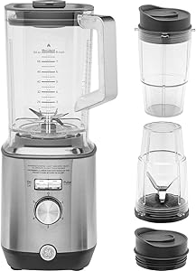 GE Blender with (2) 16 Ounce Personal Cups, Powerful 1000 Watt Blender with 72-Ounce Tritan Jar, 5 Speeds with Pulsing Option, Stainless Steel, G8BCAASSPSS