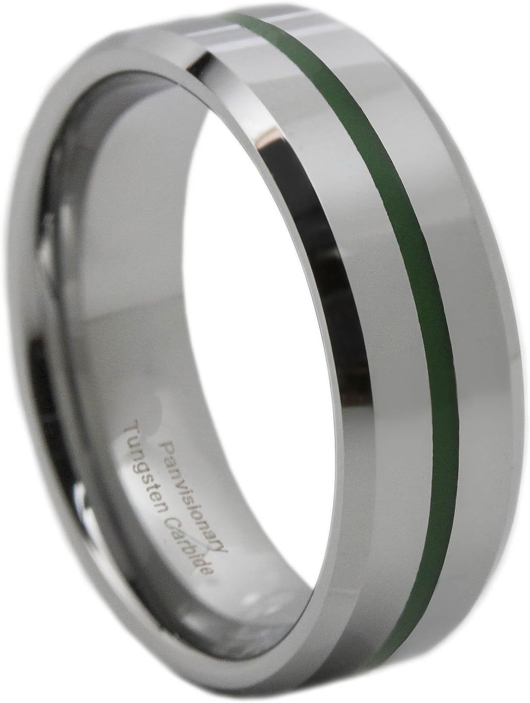 Panvisionary Thin Green Line Epoxy Tungsten Carbide Ring 8MM Flat Profile with Beveled Edges