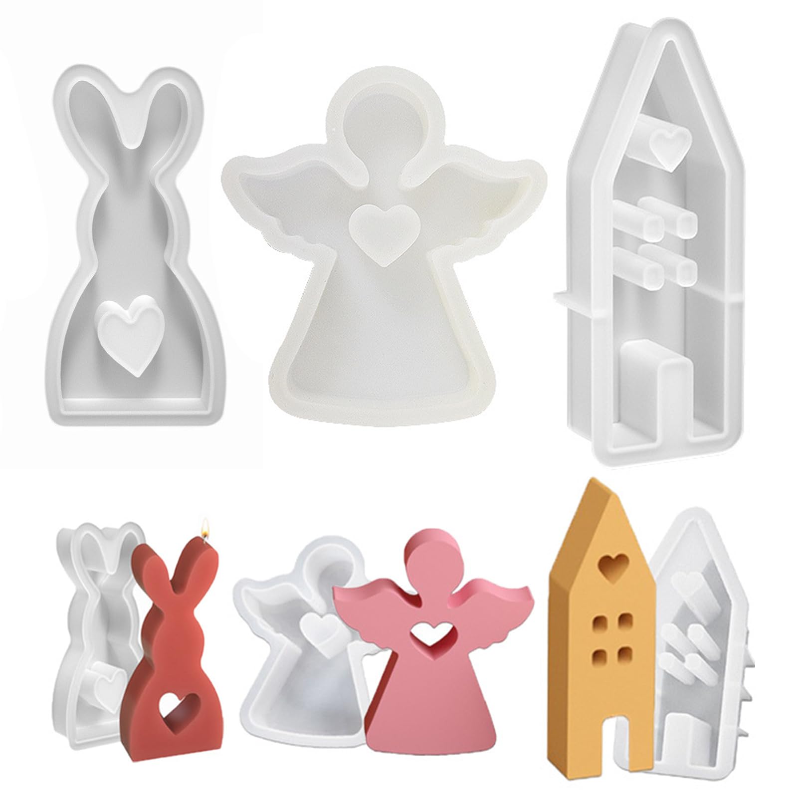 KASESSS Silicone Candle Moulds, Reusable 3D Easter Moulds, Candle Moulds for Candle Making, DIY Candle Mould House,Angel,Bunny, Easter Candle Molds, Rabbit Silicone Mould for Soap, Wax Candles
