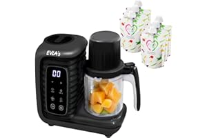 EVLA'S Double Baby Food Maker with 2 Steaming Baskets, Steamer, Blender, Grinder, Food Processor, Cook & Blends Healthy Baby Food in Minutes, Touch Screen, with 6 food pouches, Dark Grey