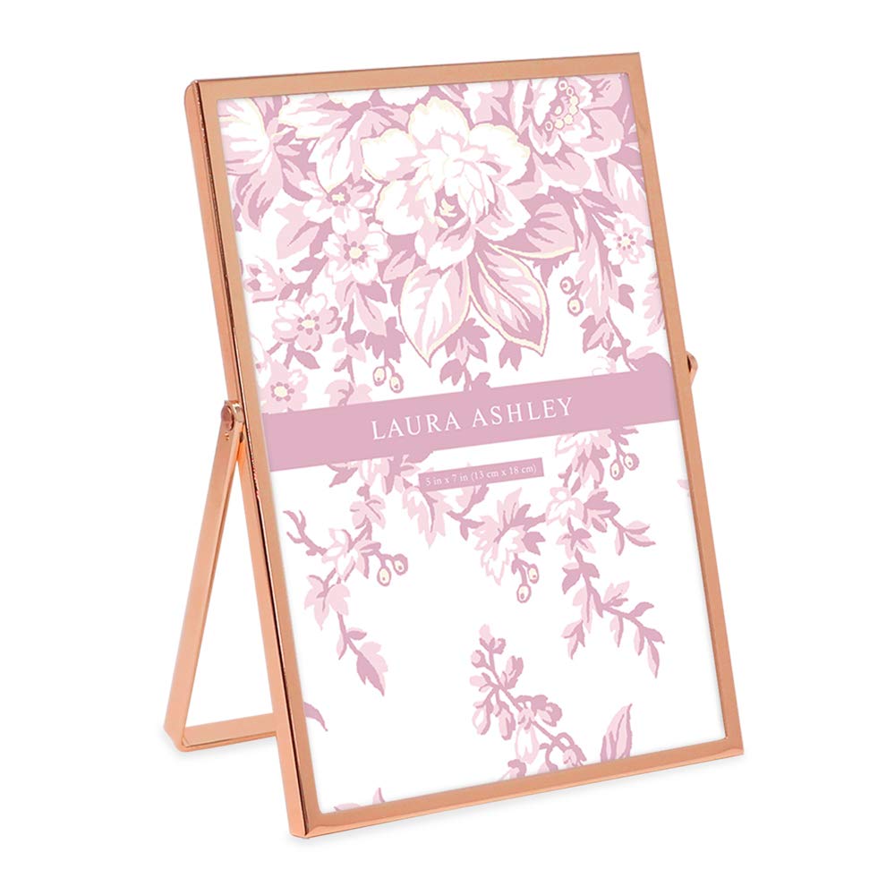 Laura Ashley 5x7 Rose Gold Flat Metal Picture Frame (Vertical) with Pull-Out Easel Stand, Made for Tabletop, Counterspace, Shelf and Desk