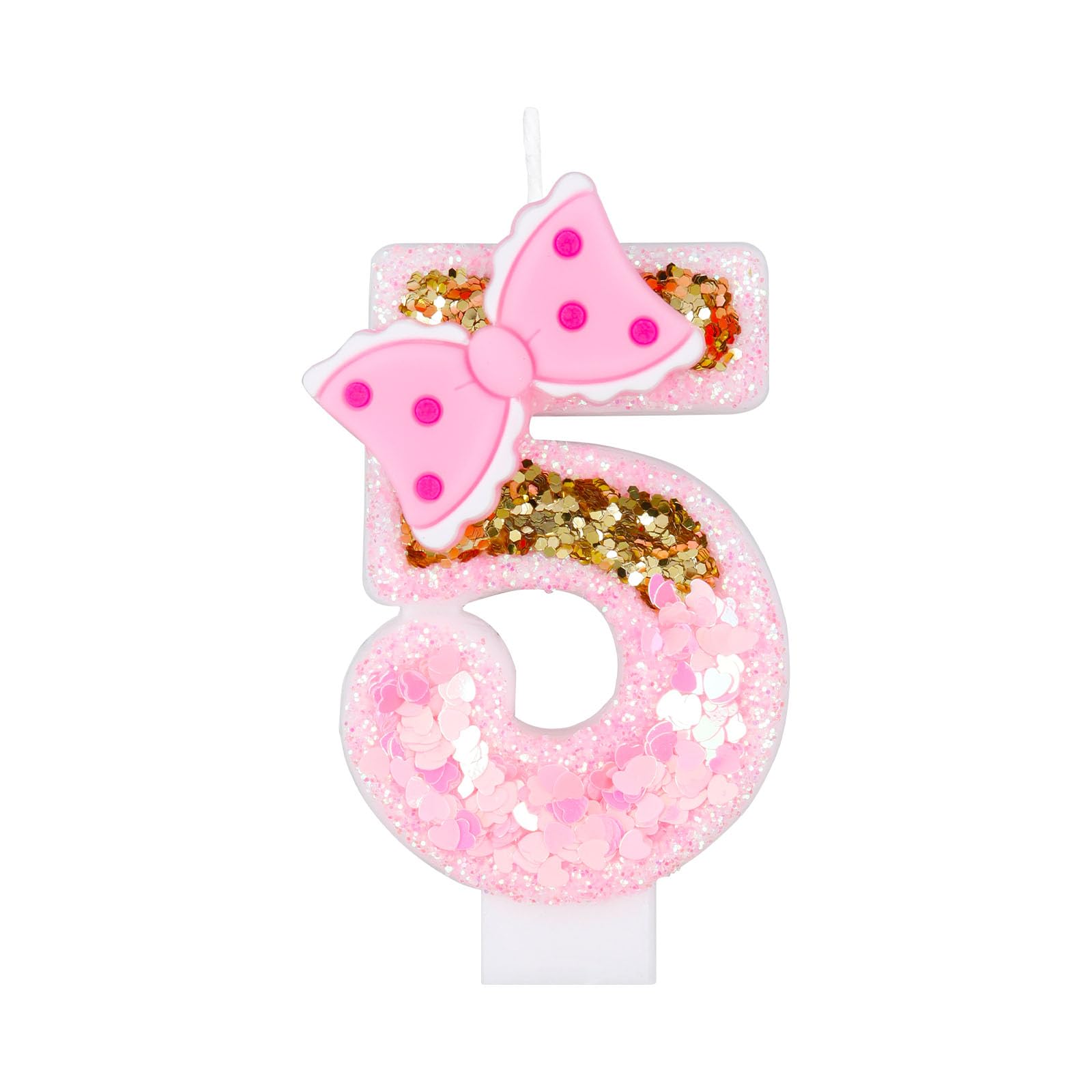 Girls Pink 5 Number Birthday Candles, Gold Glitter Pink Number Candles with Bow, Cake Number 1 Birthday Candles for Cake, Candles for Cake, Happy 5th Birthday Party Decoration Celebration for Girls