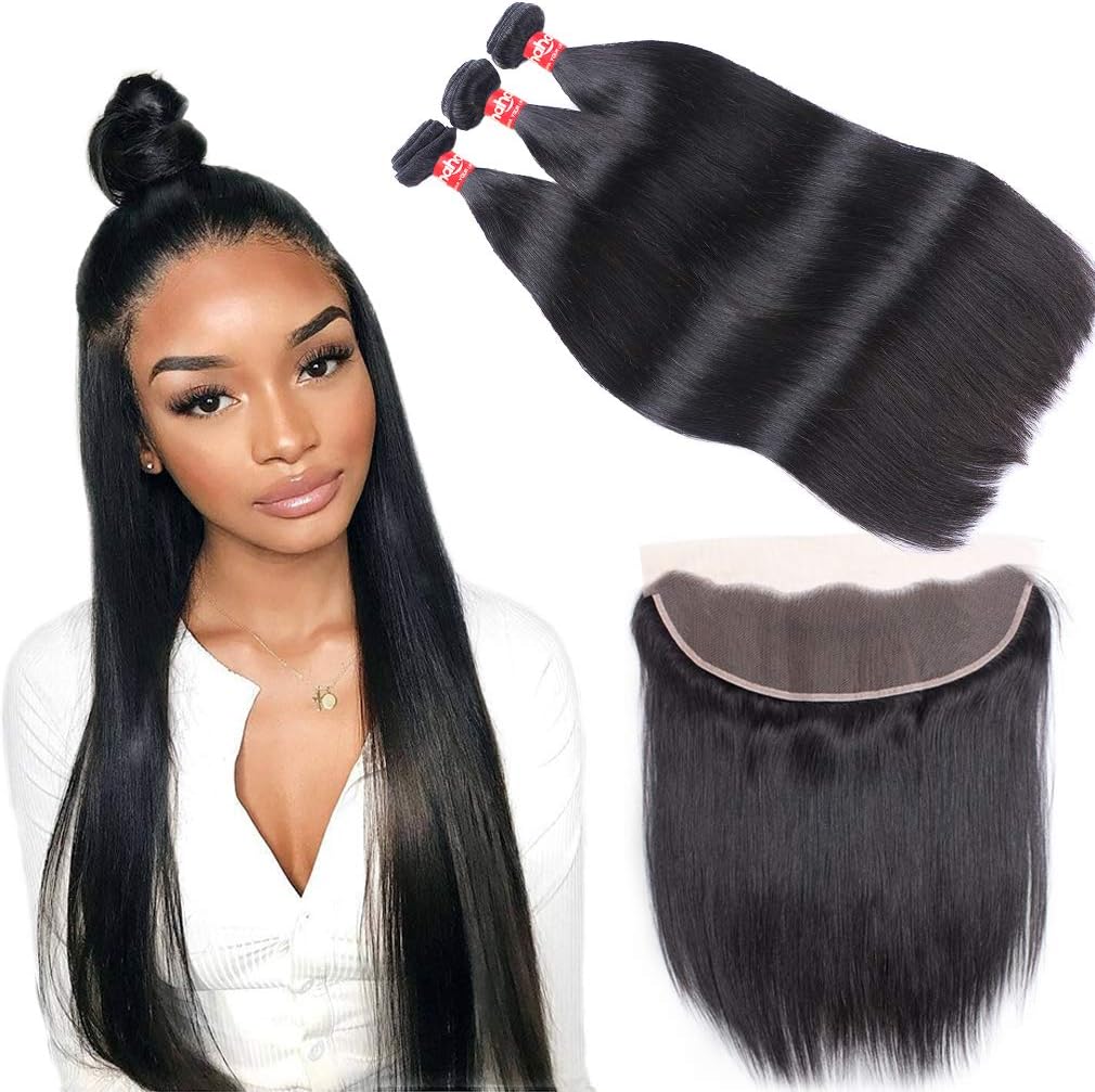 Haha Brazilian Straight Hair 3 Bundles With Frontal 13x4 Ear to Ear Lace Frontal Closure With Bundles 8A Unprocessed Virgin Human Hair Bundles With Frontal Natural Color 14 16 18+12 Free Part