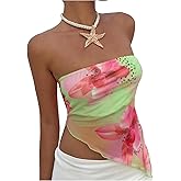 WDIRARA Women's Floral Leopard Sheer Mesh Tube Top Vacation Strapless Split Asymmetrical Bandeau Tops