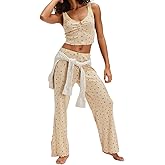 ROAONOCOMO Women Floral 2 Piece Lounge Set Spaghetti Strap Crop Camisole Elastic Waist Wide Leg Pajama Pants Sleepwear