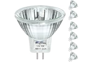 Rnyloas GU4 Halogen 5W, 6 Pack GU4 Base MR11 12V 5W, Long Lasting GU 4 MR 11 Dimmable with Glass Cover, MR 11 Warm White 2800K Fiber Optic Light Bulb, MR 11 Bulb with GZ4 Bi Pin Base