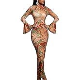 Women's Tie Dye Printed Mesh Bodycon Maxi Dress Sexy Mock Neck Bell Long Sleeve Long Dress Party Club Vacation Outfits