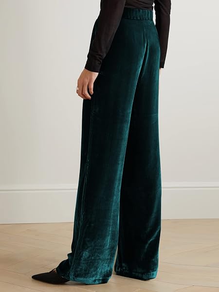 FAIABLE VELVET PANTS FOR WOMEN HIGH WAISTED WIDE LEG PALAZZO PANTS CAUSAL OUTFITS LONG FLOWY TROUSERS WITH POCKETS DARK GREEN