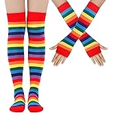 DUOJINSANXI Over Knee Rainbow Thigh High Socks and Gloves Striped Arm Leg Warmers Set Costume Accessories for Cosplay