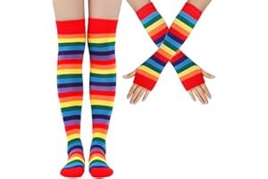 DUOJINSANXI Over Knee Rainbow Thigh High Socks and Gloves Striped Arm Leg Warmers Set Costume Accessories for Cosplay