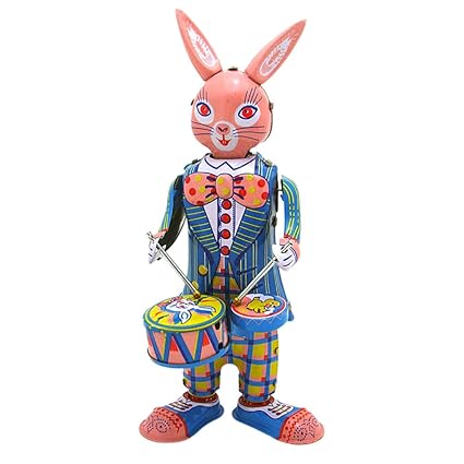 Tinplate Nostalgic Clockwork Chain Toy Photography Prop Rabbit Drumming for IQ EQ of Child Intelligence Development Brain Development Enlightenment Education