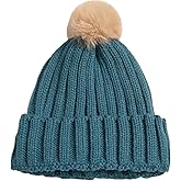 AMOFIA Girls Chunky Knit Hat Winter Warm Beanie Boys Cuffed Skull Caps Ski Hat with Pom 2-8 Years