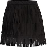 Noomelfish Girls and Women Suede Fringe Skirt Boho Tassel Layered Ruffle Skirt