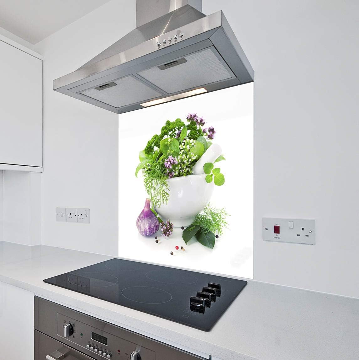 Printed Kitchen Glass Splashback Heat Resistant Toughened Glass Herbs Design (60 x 75cm - Silicone Adhesive Fixing)