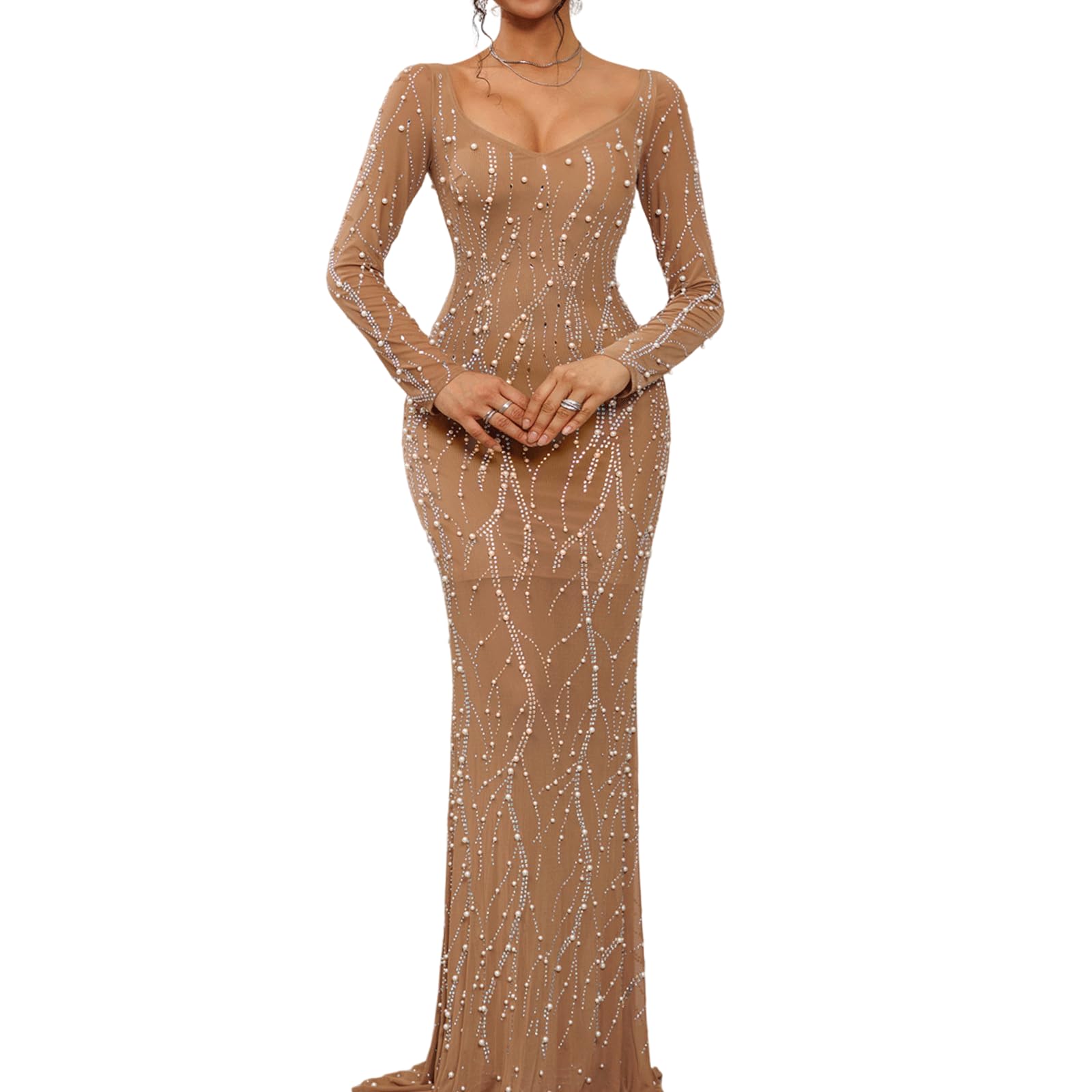 Photo 1 of Long Sleeve Pearl Dress Maxi Prom Cocktail Evening Dresses with Rhinestone