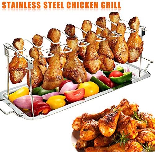 Dastrues Chicken Wing Rack Grilled Chicken Grill Chicken Leg Grill Rack Chicken Leg Griller Chicken Leg Holder Stainless Steel Chicken Wing Leg Rack Grill Holder with Drip Pan for Cooking BBQ