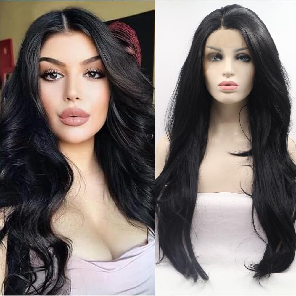 Xiweiya Black Wig Long Natural Wavy #1b Black Synthetic 13x4 Lace Front Wigs For Women Natural Black Hair Glueless Black Wig Heat Resistant Fiber Half Hand Tied 24Inch for Women, Drag queen Wear — image 1