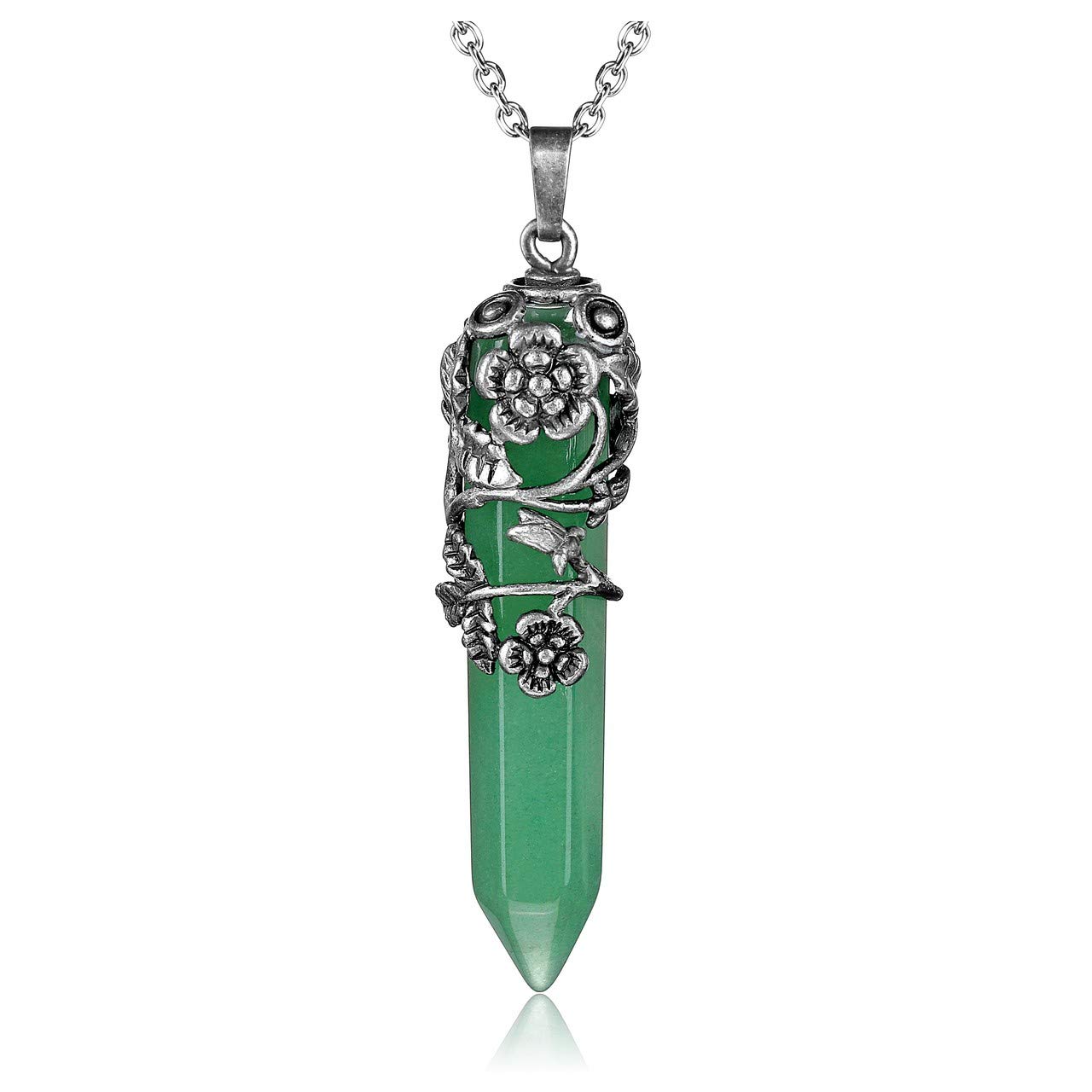 JSDDE Vintage Silver Flower Wrapped Green Aventurine Healing Crystal Pendant Necklace