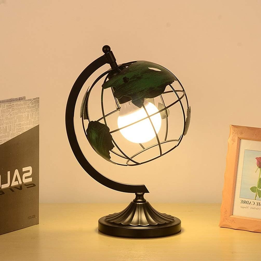 Metallic Iron Globe Green Desk Lamp, Stainless Steel Arc And Base/Earth