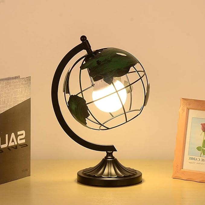 Metallic Iron Globe Green Desk Lamp, Stainless Steel Arc And Base/Earth