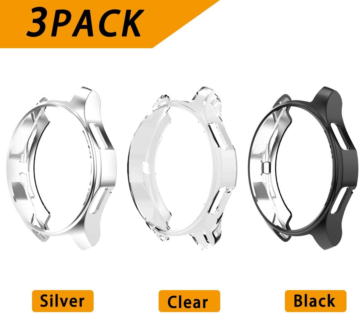 Anzela Case for Samsung Galaxy Watch 46mm SM-R800/Gear S3 Frontier SM-R760 [3Pack], All-round Scratch-Proof Protective Cover TPU Bumper Shell Smartwatch Protector(Black&Silver&Clear)