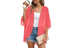JILUVIN Womens Kimono Cardigans Beach Cover ups Swimwear Puff Sleeve Loose Casual Summer Tops