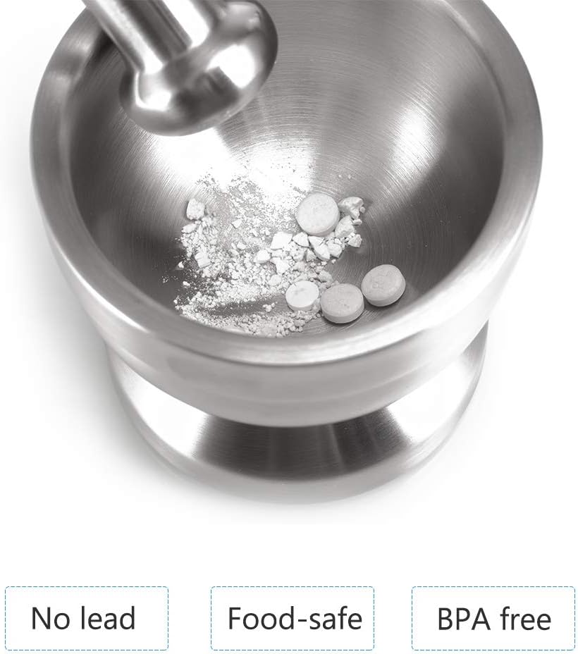 Tera 18/8 Stainless Steel Mortar and Pestle with Brush, Pill Crusher, Spice Grinder, Herb Bowl, Pesto Powder: Kitchen & Dining