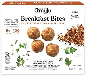 Amylu Foods Chicken Sausage Breakfast Bites, Country Style, Natural Ingredients, 14g of Protein, GAP Certifed Chicken Raised 