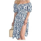 Dynvernal Floral Summer Midi Dresses for Women Boho Square Neck Puff Short Sleeve A Line Flowy Sundress Vacation Beach