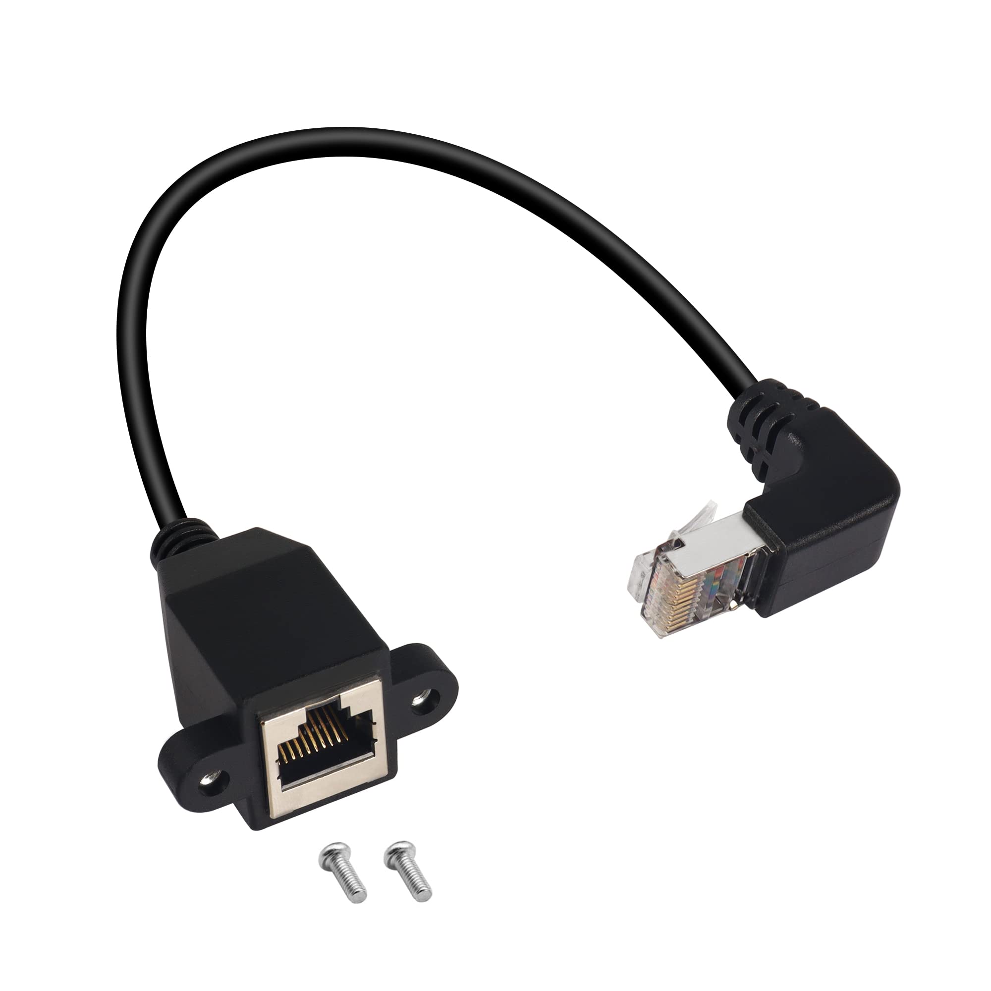 QIANRENON 90°Angle RJ50 10P10C Panel Mount Ethernet Extension Cable, 10P 10C Female to Right Angle Male Communication Extension Cable, Cat5E, Shielded, 30cm/11.8in (Bend down)