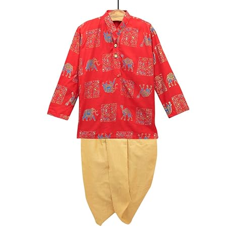 Kid1 By Hopscotch Boys Rayon Printed And Beige Dhoti Kurta Set In Red Color
