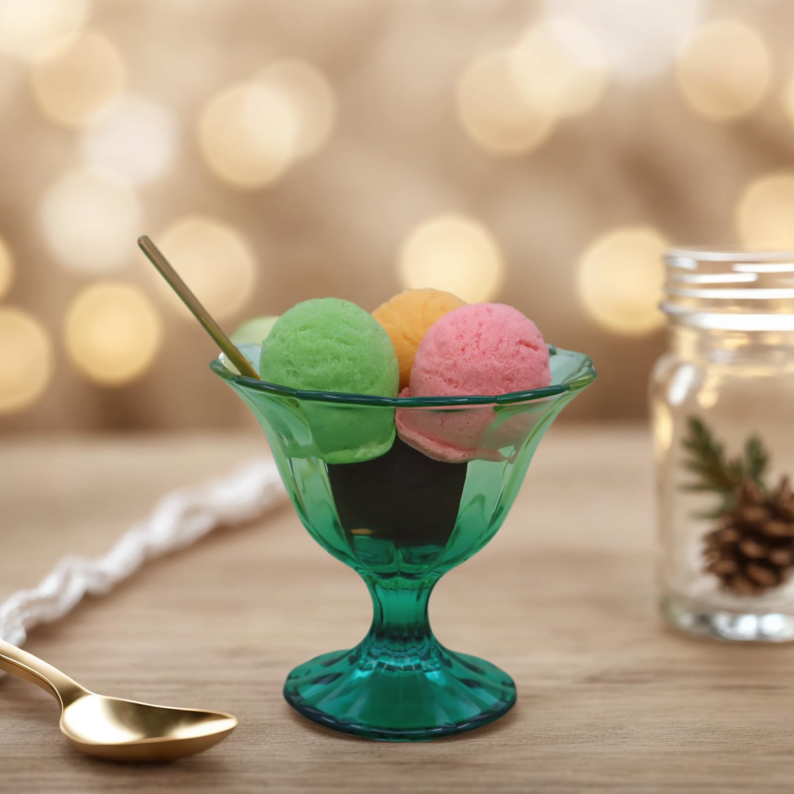 Glass Dessert Bowls 10 Oz Set of 4 Ice Cream Cups Footed Bowl Green Clear Drinking Cup for Sundae, Dessert, Candy, Fruit, Ice Cream, Snack Pudding