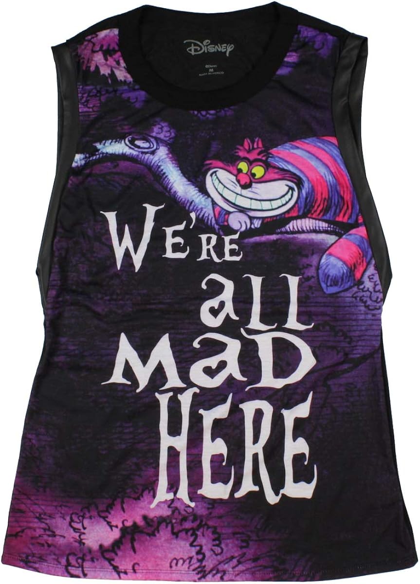 Disney Alice In Wonderland Cheshire Cat We're All Mad Womens Muscle Shirt
