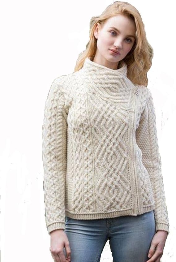 Irish Aran Knitwear 100 Merino Wool Cable Knit Jacket with Side Zip