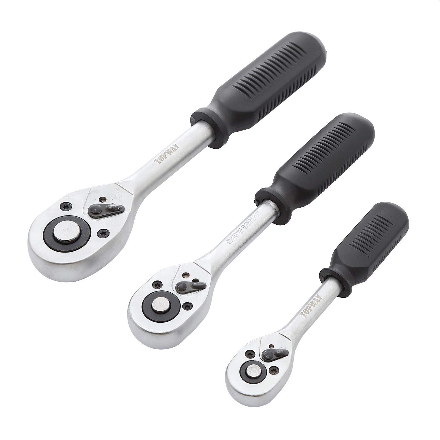 TOPWAY TOWAY Ratchet Wrench Set 3PCs 1/2", 3/8" and 1/4", 24-Teeth Quick-Released Socket Wrench Handle, High Grade Chrome Vanadium Steel, Auto Repair Garage Tool 420010