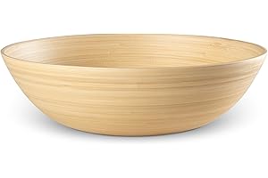 LEXA 12" Handmade Natural Bamboo Wooden Salad Bowl - 130 oz Lightweight Large Wooden Bowls for Food - Bamboo Wooden Fruit Bow