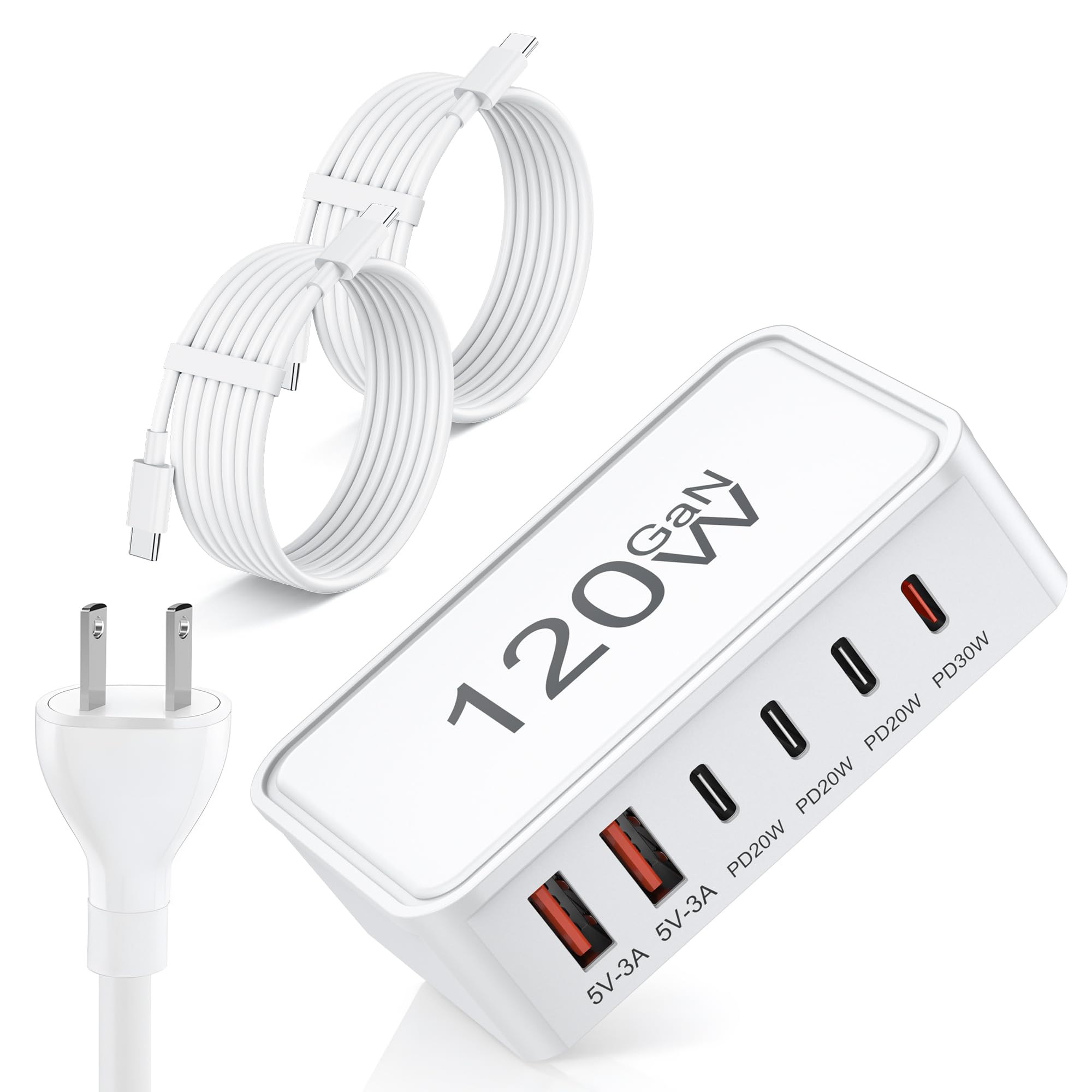 USB C Charger Block, 120W GaN 6-Port Charging Station, 30W Fixed PD Port Type C Charger Fast Charging for iPhone 17/16/15/14, iPad, Galaxy, Pixel, Power Adapter Hub for Travel Home Office