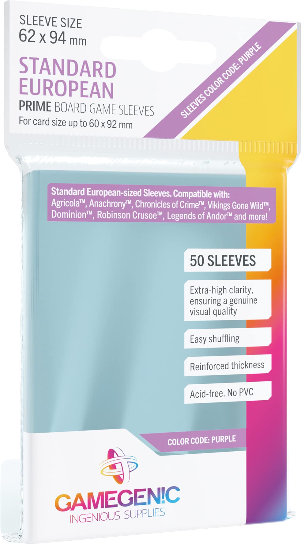 Gamegenic | Unit Gamegenic Prime Standard European- Sized Sleeves 62 x 94 mm (50 ct.) | Card Game Accessory