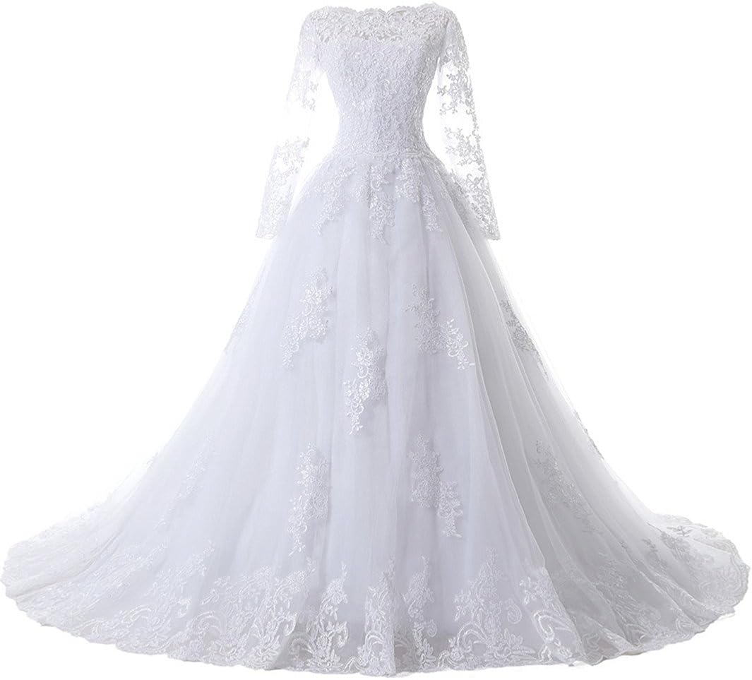 Lily Wedding Womens Long Sleeve Aline Lace Wedding Dress Off Shoulder