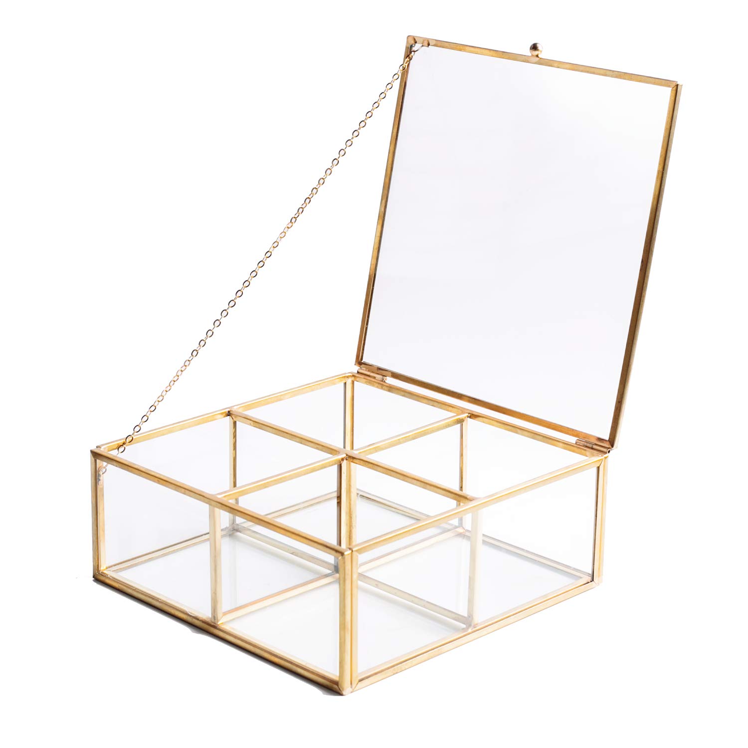Photo 1 of 4 Compartment Golden Vintage Glass Lidded Jewelry Box, Large Clear Metal Box for Rings Bracelet Keepsake, Golden Organizer Home Decor with Decorative Lace