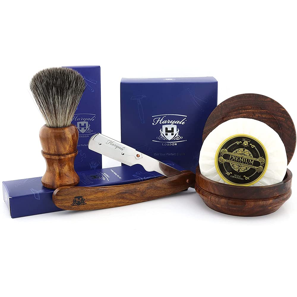 Wooden Shaving Set with Straight Cut Throat Razor, Black Badger Look Synthetic Hair Shaving Brush - Shaving Soap and Bowl
