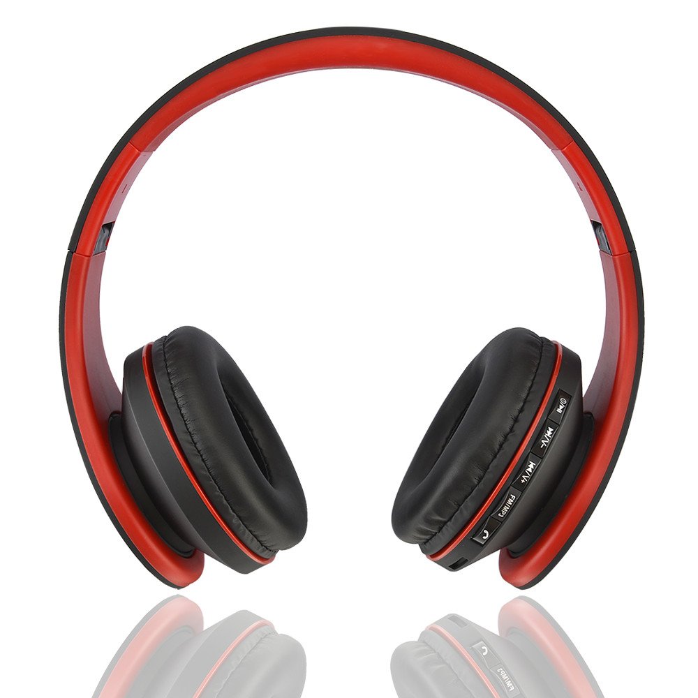 Casque Bluetooth, PowerLocus Sans Fil Bluetooth Over-Ear Stéréo Pliable Casque , Filaire Headsets Cancellation du Bruit Avec Microphone pour iPhone, Samsung, LG, iPad (Noir/Rouge)