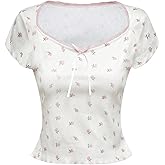 SOLY HUX Women's Summer Short Sleeve Y2k Tees Ditsy Floral Lace Bowknot Tshirts Kawaii Crop Tops