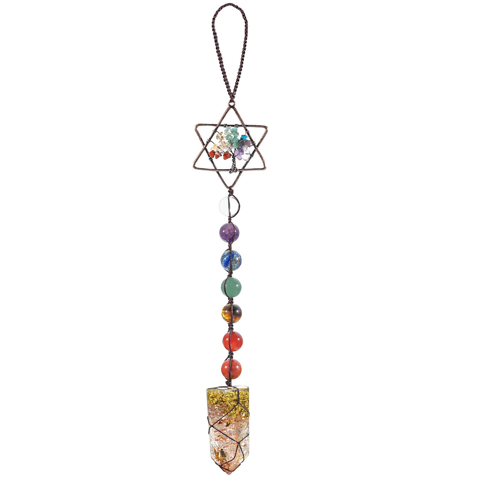 mookaitedecor Hexagram Tree of Life Hanging Ornament, 7 Chakra Healing Stones with Rock Quartz Crystal Wand for Home Car Decoration, Total Length 11"/28cm
